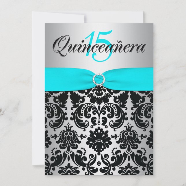 DRUCKER RIBON Aqua Silver Black Quinceanera Einladung (Vorderseite)