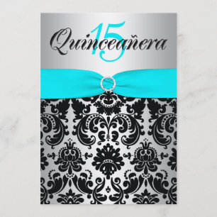DRUCKER RIBON Aqua Silver Black Quinceanera Einladung