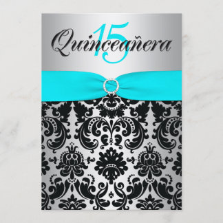 DRUCKER RIBON Aqua Silver Black Quinceanera Einladung