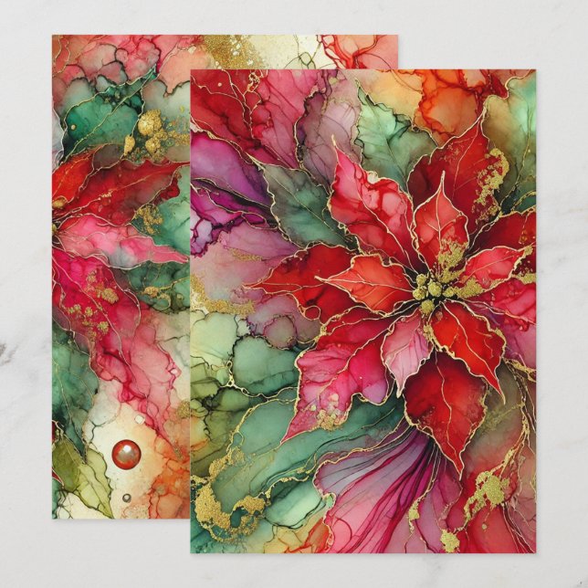 Druckfarbige Abstrakte Alkoholtinte Poinsettia Einladung (Vorne/Hinten)