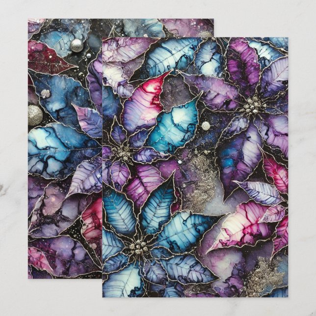 Druckfarbige Galaxie Alkohol Tinte Poinsettia Einladung (Vorne/Hinten)