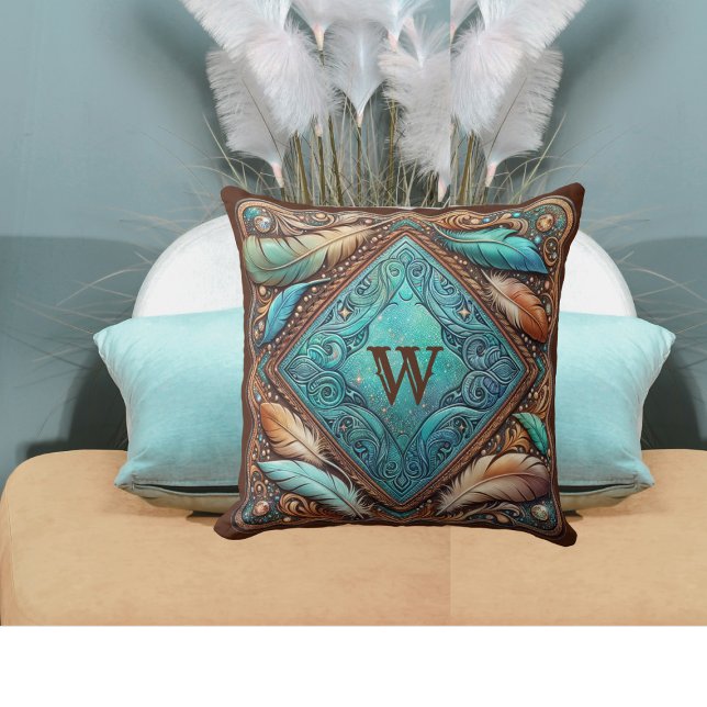 Druckfedern aus geschachteltem Leder, benutzerdefi Kissen (Tooled Leather Print Feathers Custom Initial Throw Pillow)