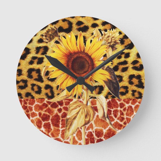 DRUCKGIRAFFE, LEOPARD FUR UND SONNENBLUME RUNDE WANDUHR (Vorderseite)