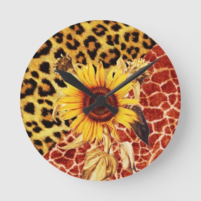 DRUCKGIRAFFE, LEOPARD FUR UND SONNENBLUME RUNDE WANDUHR (Vorderseite)