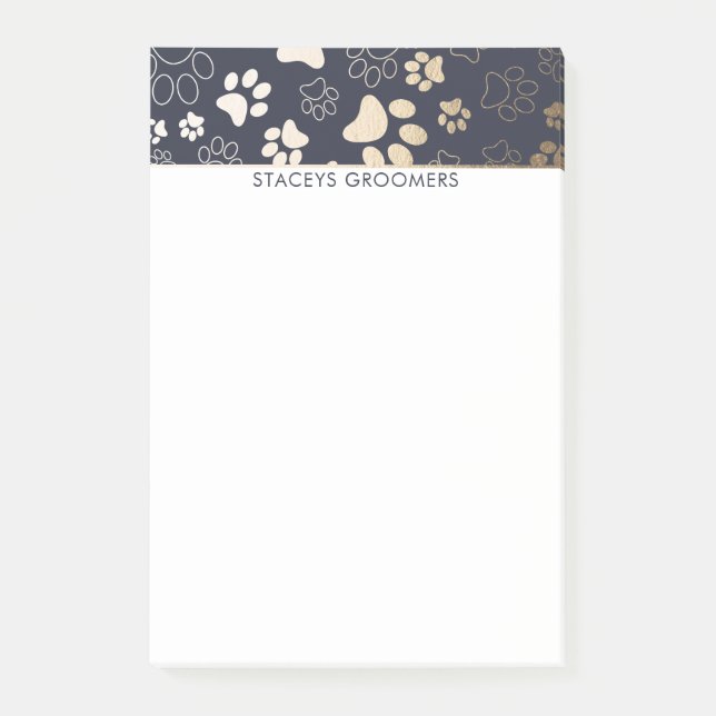 Druckmuster aus Gold und Navy Paw Post-it Klebezettel (Vorderseite)