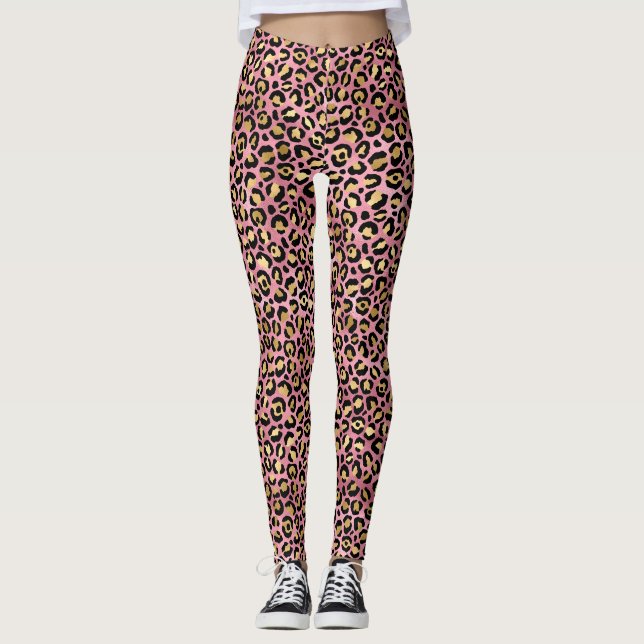 Druckmuster aus rosa und goldenem Leopard Leggings (Vorderseite)