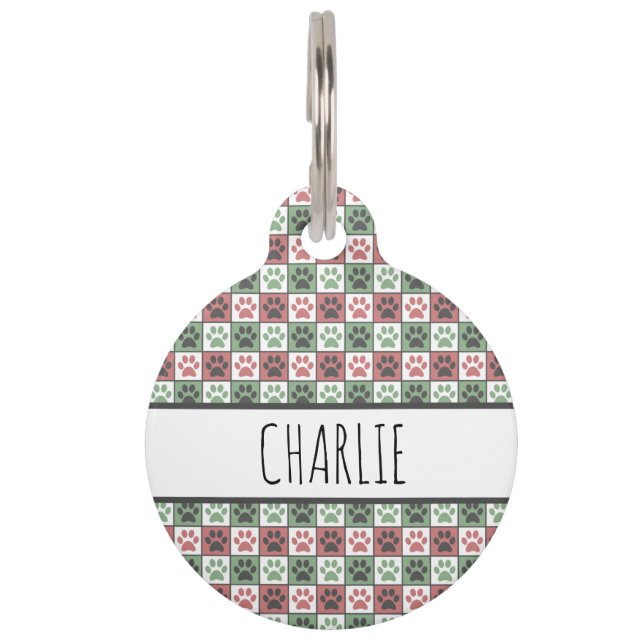 Druckmuster für rote und grüne, karierte Hunde Haustiermarke (Vorderseite)