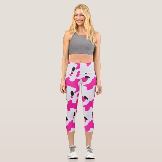 Druckmuster Rosa und Schwarz Kuh Capri Leggings (Vorderseite)