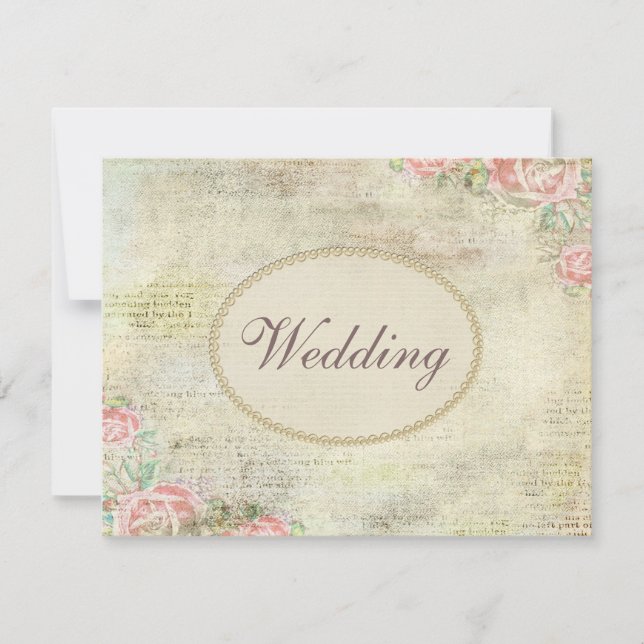 Druckperlen u. Wedding Spitze-Shabby Chic-Rosen Einladung (Vorderseite)