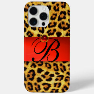 DRUCKTE LEOPARFUR RED RUBY GEMSTONE MONOGRAM, iPhone 15 PRO MAX HÜLLE
