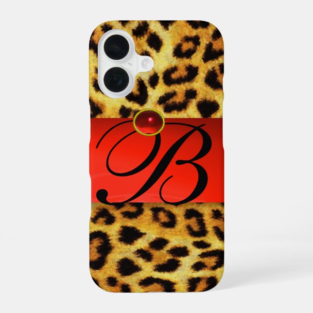 DRUCKTE LEOPARFUR RED RUBY GEMSTONE MONOGRAM, iPhone 16 HÜLLE (Rückseite)