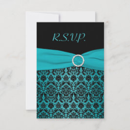DRUCKTE RIBBON Aqua, Black Damask Repcard Einladung