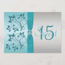 DRUCKTE RIBBON Aqua, Silver Quinceanera Einladung