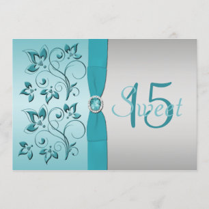 DRUCKTE RIBBON Aqua, Silver Quinceanera Einladung