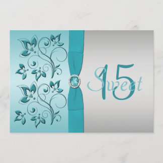 DRUCKTE RIBBON Aqua, Silver Quinceanera Einladung