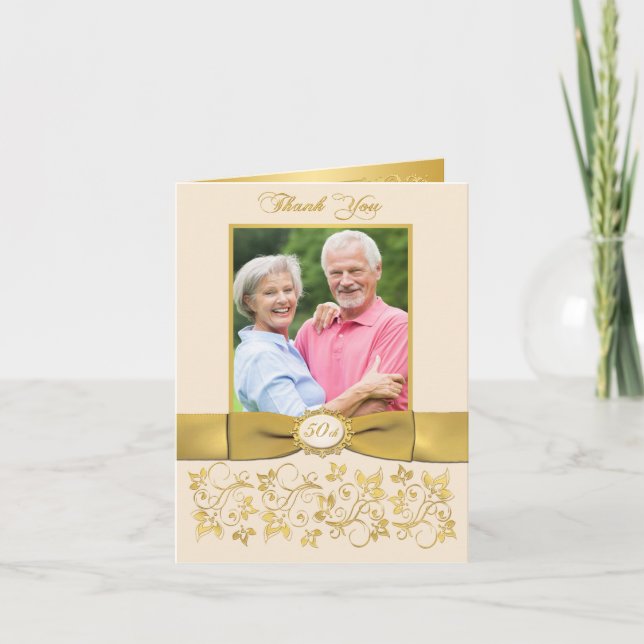 DRUCKTE RIBBON Ivory Gold Blumenkarte Dankeschön K Dankeskarte (Vorderseite)