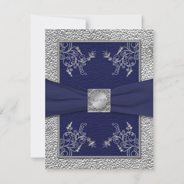 DRUCKTE RIBBON Navy and Pewter RSVP Card (Vorderseite)