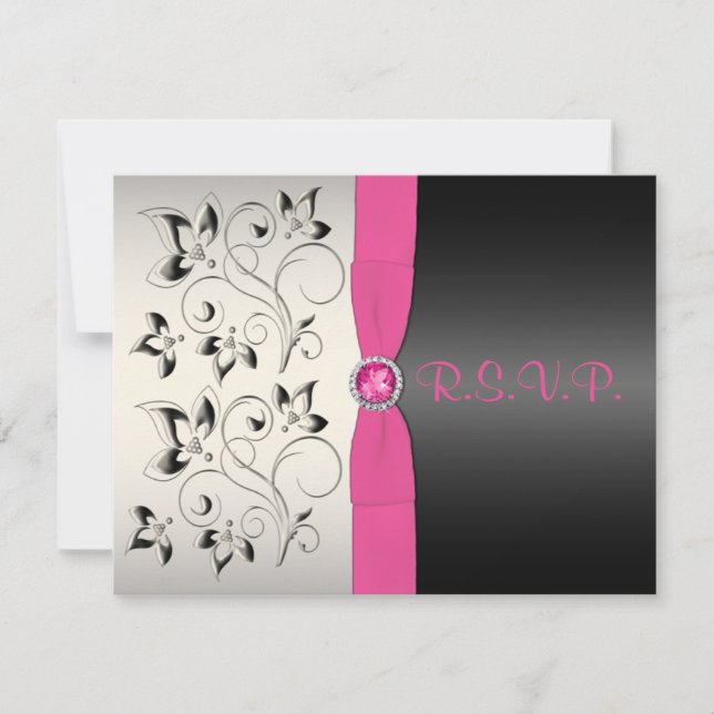 DRUCKTE RIBBON Pink Black Silver Floral Repcard RSVP Karte (Vorderseite)