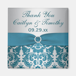 DRUCKTE RIBBON Silver, Aquamarin Damask Hochzeitsf Magnet