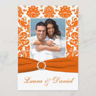 DRUCKTE RIBBON Weiß, Orange Damask Wedite Einladun Einladung