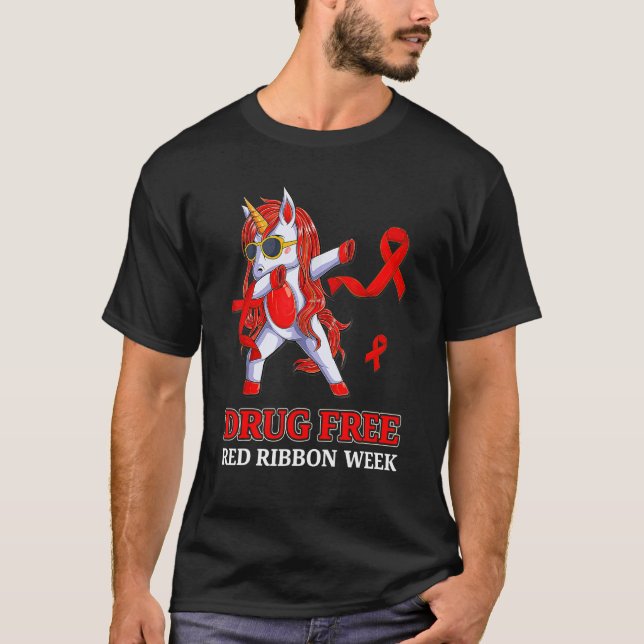 Drug Free Red Ribbon  Dabbing Unicorn Drug Awarene T-Shirt (Vorderseite)