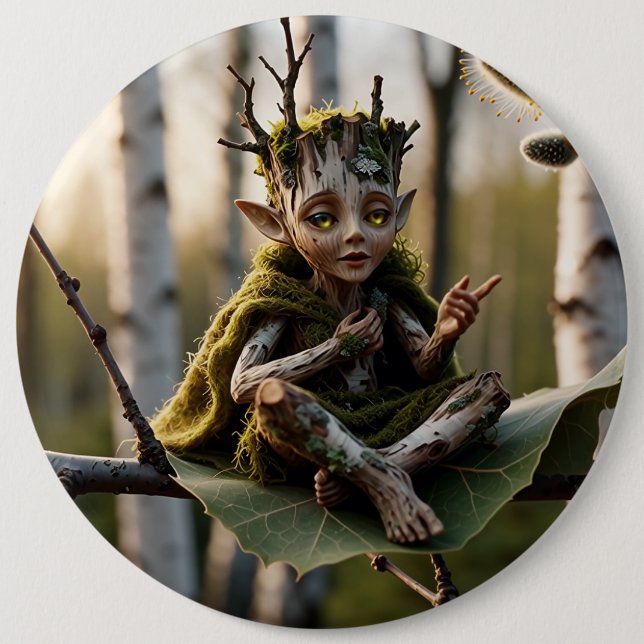 Druide Barde Fae auf einer Birke Button (Vorderseite)