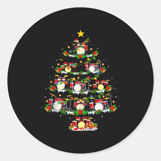 Drum Christmas Tree Lights Drum Music Lover Drumme Runder Aufkleber (Vorderseite)