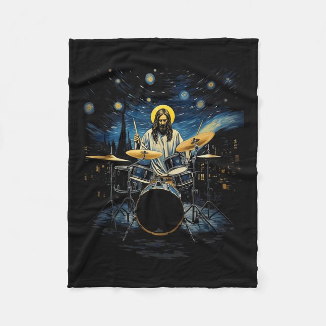Drum Kit Percussionist Drummer Van Gogh Jesus Play Fleecedecke (Vorderseite)