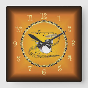 Drum Set 01 über Musical Scroll & Russet Orange ~ Quadratische Wanduhr