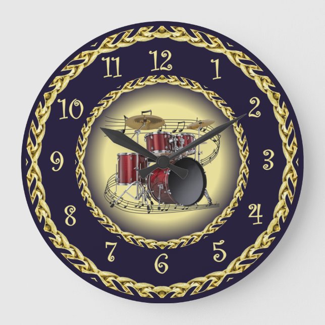 Drum Set 02 ~ Musical Scroll ~ Gold/Navy Blue ~ Große Wanduhr (Vorderseite)