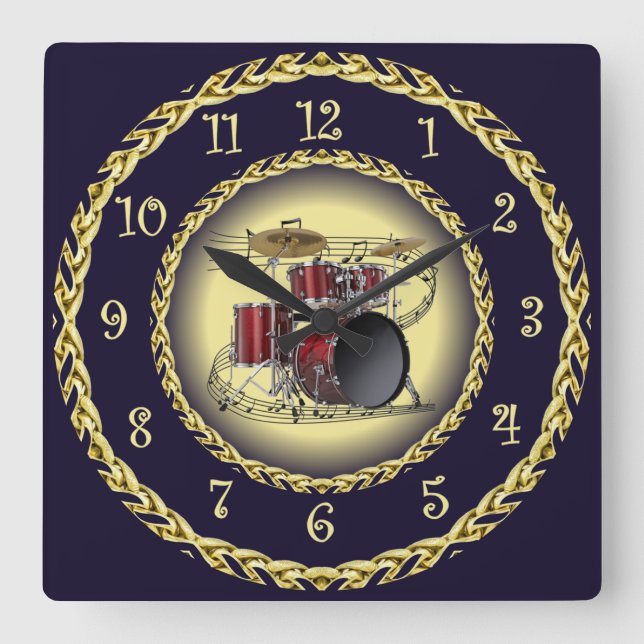 Drum Set 02 ~ Musical Scroll ~ Gold/Navy Blue ~ Quadratische Wanduhr (Vorderseite)
