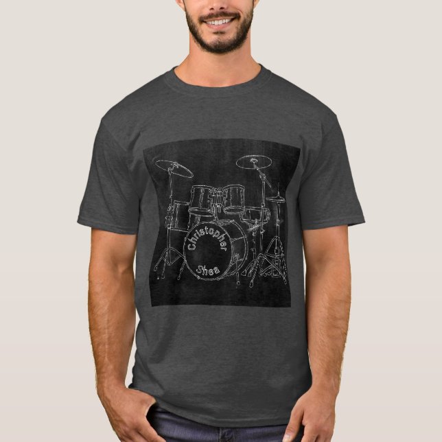 Drum Set Chalkboard Sketch Band oder Drummername T-Shirt (Vorderseite)
