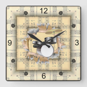Drum Set ~ Durchbrechen seltsame Noten ~ Quadratische Wanduhr