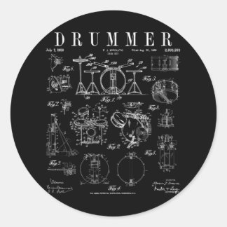 Drum Set Kit Vintage Patent Drummer Drawing Print Runder Aufkleber
