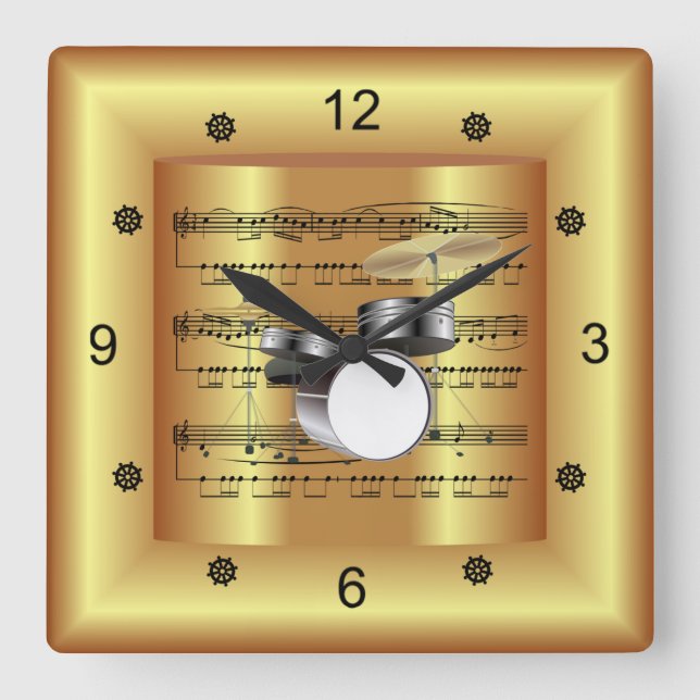 Drum Set   ~ Kurveste Noten ~ Gold Hintergrund  Quadratische Wanduhr (Vorderseite)