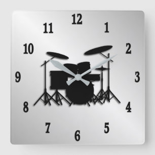 Drum Set Music Design Black Numbers Quadratische Wanduhr