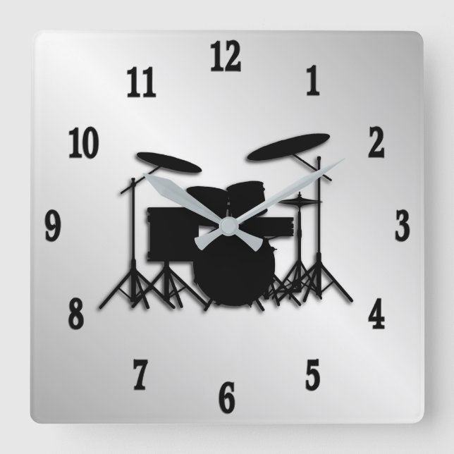 Drum Set Music Design Schwarze Zahlen Quadratische Wanduhr (Vorderseite)