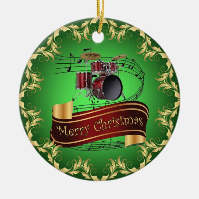Drum Set ~ Musical Scroll ~ Frohe Weihnachten ~ *  Keramik Ornament (Vorne)