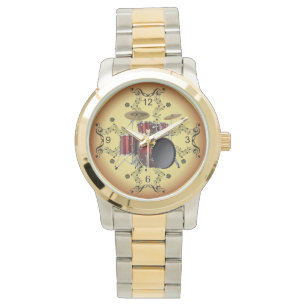 Drum Set ~ Musical Scroll ~ Goldener Hintergrund ~ Armbanduhr