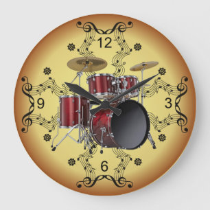 Drum Set ~ Musical Scroll ~ Goldener Hintergrund ~ Große Wanduhr