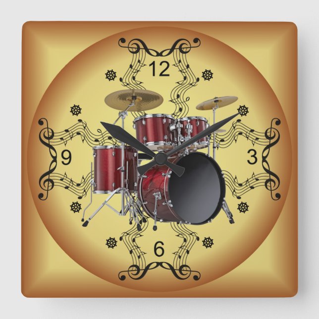 Drum Set ~ Musical Scroll ~ Goldener Hintergrund ~ Quadratische Wanduhr (Vorderseite)