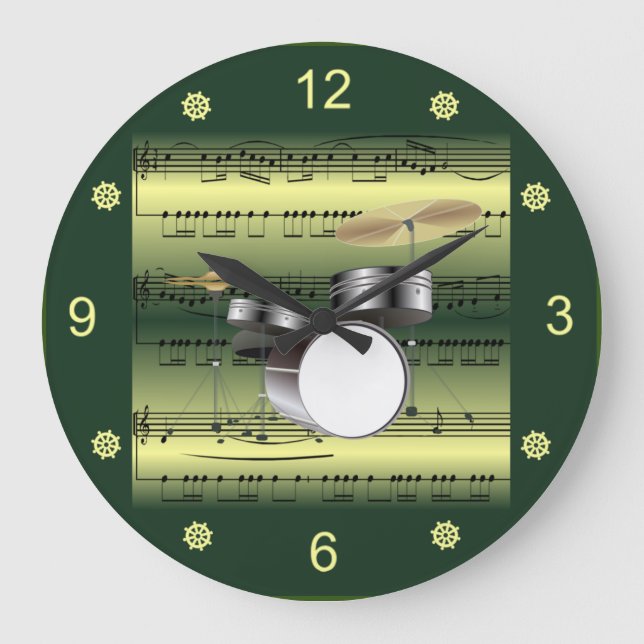 Drum Set~Rollsheet Music~Gold/Green Background  Große Wanduhr (Vorderseite)