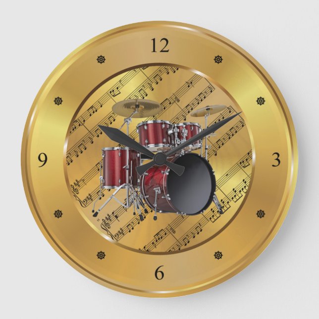 Drum Set ~ Sheet Music ~ Gold Background ~ Einziga Große Wanduhr (Vorderseite)