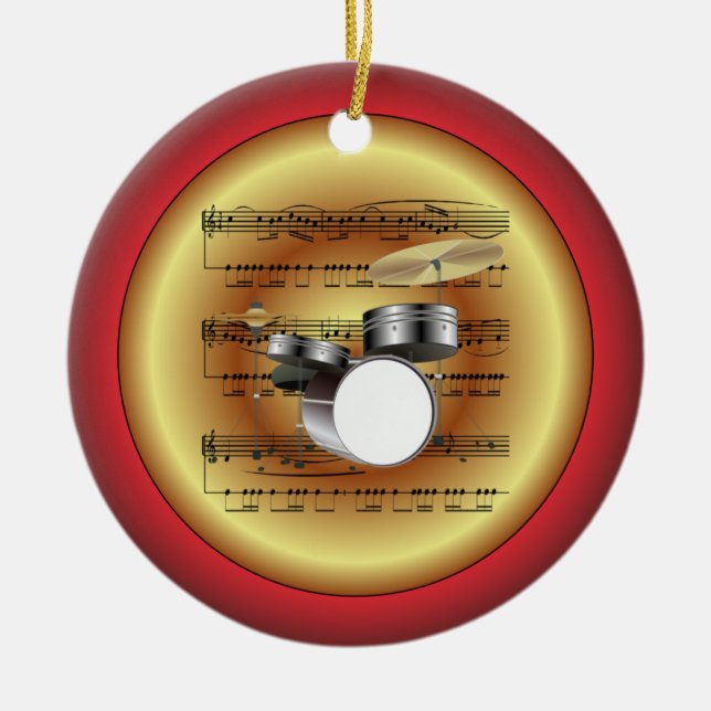 Drum Set~Sheet Music~Red/Green/Gold~Christmas~ Keramik Ornament (Vorne)