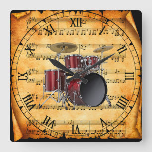 Drum Set - Vintage Sheet Music Background Quadratische Wanduhr