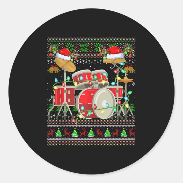 Drum Ugly Christmas Sweater Musical Drum Player Dr Runder Aufkleber (Vorderseite)