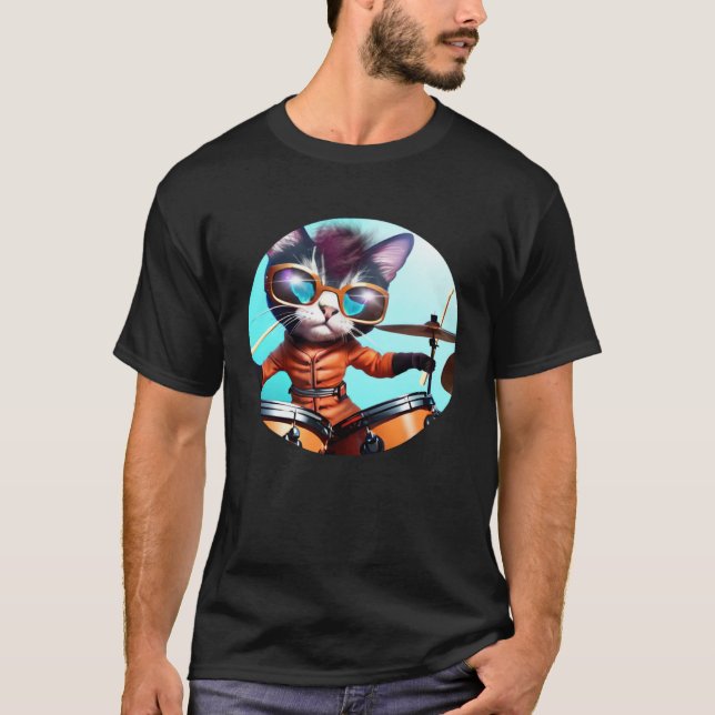Drummer Cat mit Drumset T-Shirt (Vorderseite)