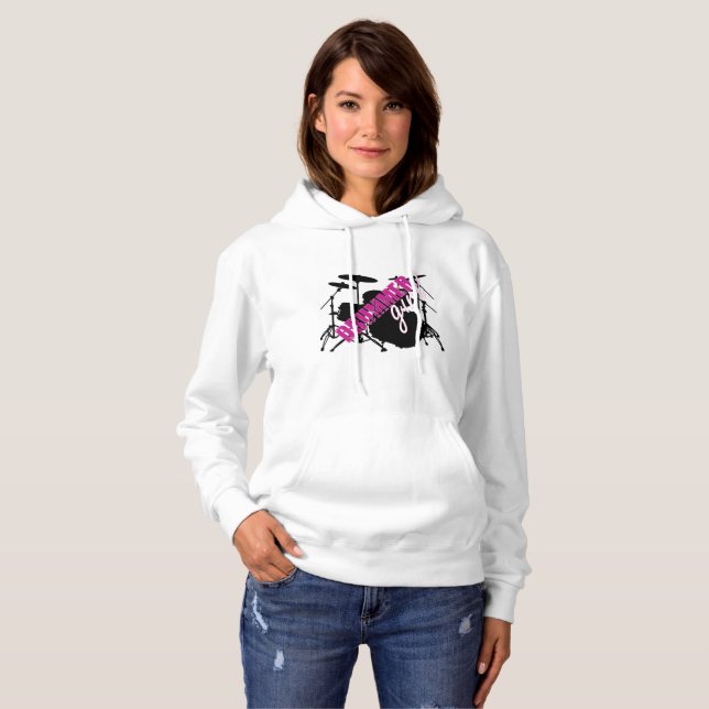 Drummer Girl mit Spaß Lila und Schwarz Grunge Text Hoodie (Vorne ganz)