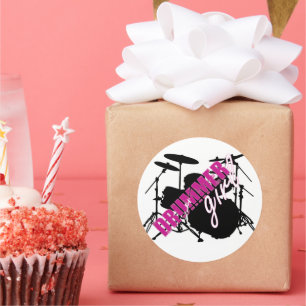 Drummer Girl mit Spaß Lila und Schwarz Grunge Text Runder Aufkleber