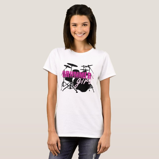 Drummer Girl mit Spaß Lila und Schwarz Grunge Text T-Shirt (Vorne ganz)